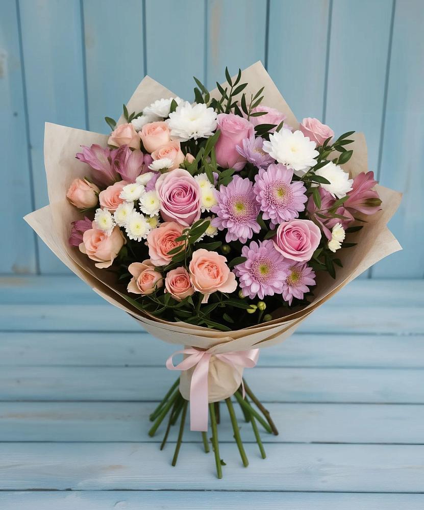 Букет цветов из: Хризантемы, Розы и Альстромерии в Удобный