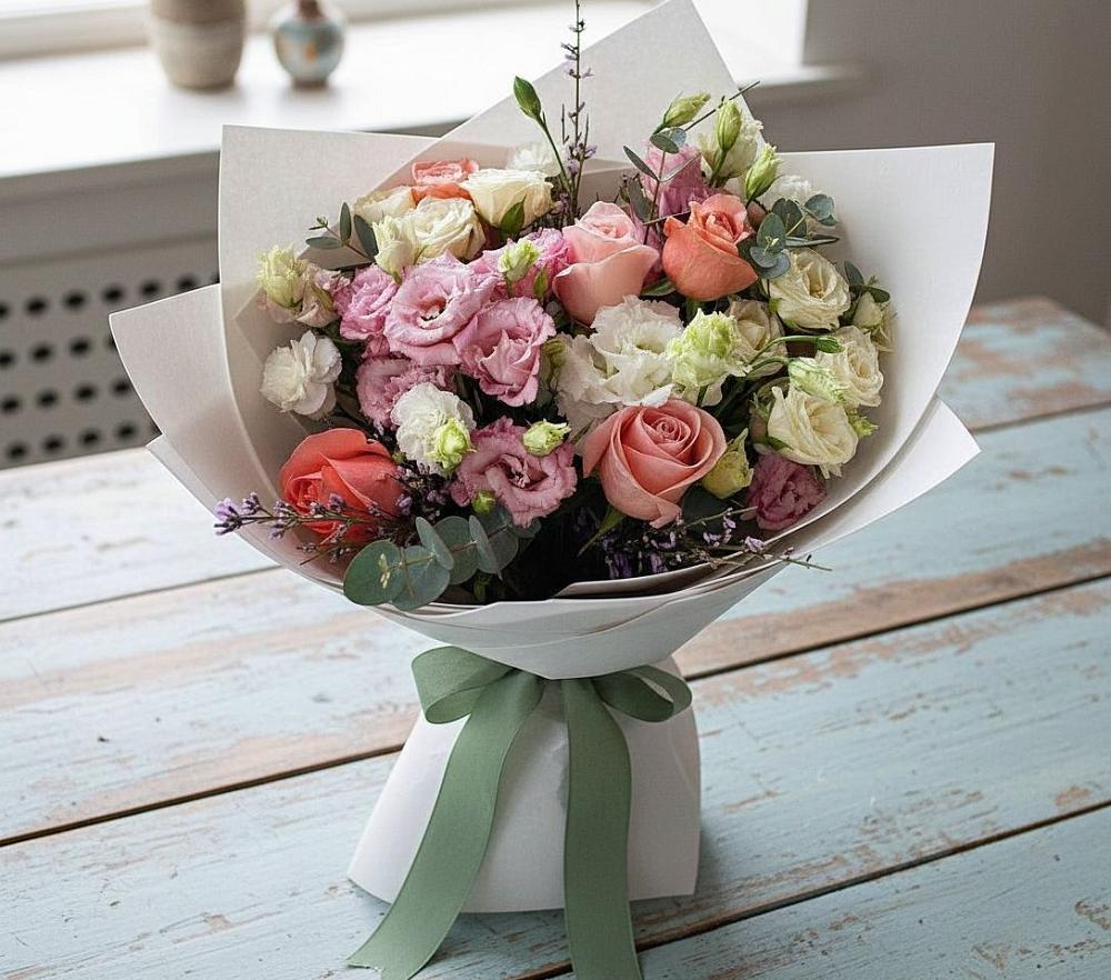 Букет цветов из: Розы, Лизиантусы и Гвоздики в Удобный